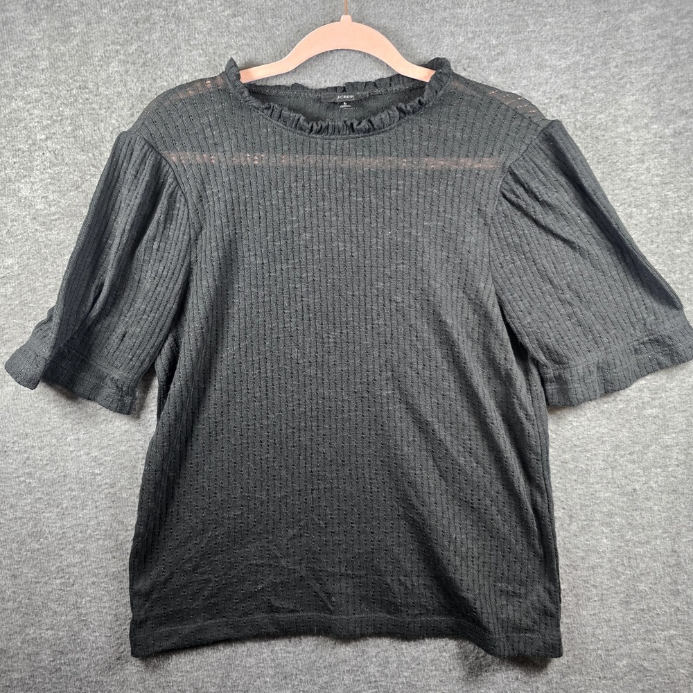 J. Crew Women L Dark Gray/Grey‎ Short Sleeve Sheer Shirt Ruffled Collar